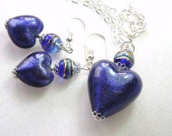 Murano glass pendant and earrings set with Murano purple and gold heart beads and sterling silver chain.