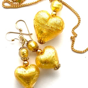 Murano glass heart pendant and earrings set with gold Murano glass heart beads and gold-filled ear wires.