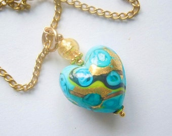 Murano Glass pendant with an aquamarine blue and gold Murano glass heart with gold chain.
