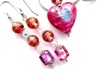 Murano Glass Heart Pendant and Earrings Set, Sterling Silver Swarovski Crystal