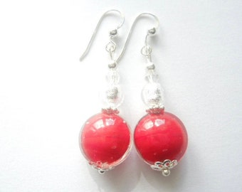 Murano Glass earrings with red Murano Glass lentil beads and sterling silver.