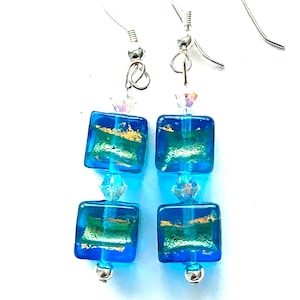 Murano glass earrings with turquoise and gold Murano cube beads Swarovski crystal and sterling silver.