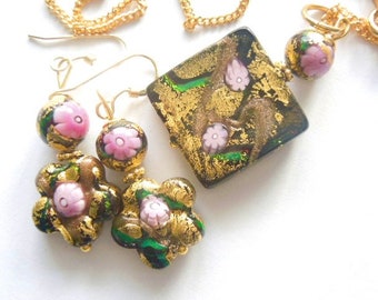 Murano glass pendant and earring set with gold and pink Klimt Murano beads and gold chain.