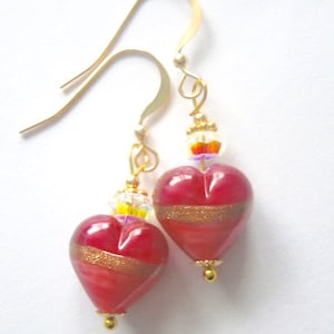 Murano glass earrings with pink and gold Murano heart beads Swarovski crystal and gold filled wires.