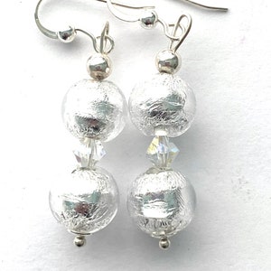 Murano glass earrings with Murano glass silver round beads and Swarovski crystal and sterling silver ear wires.