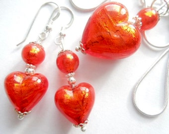 Murano glass pendant and earrings set with red Murano heart beads and sterling silver.