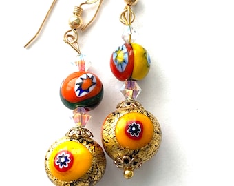 Murano glass earrings with gold multicoloured Murano glass beads Swarovski crystal and gold filled wires.
