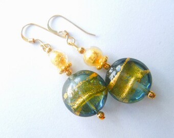 Murano Glass earrings with green and gold Murano Glass beads vermeil and gold filled wires.