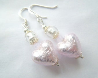 Murano glass earrings with silvery pink Murano hearts Swarovski crystal and sterling silver.