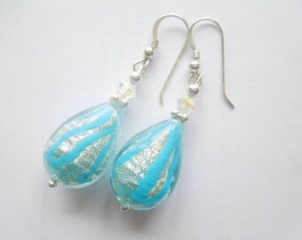Murano glass earrings with turquoise blue and silver Murano teardrop beads with sterling silver wires.