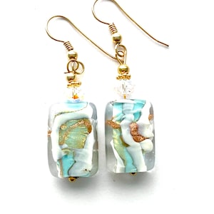 Murano glass earrings with green and gold Murano oblong beads Swarovski crystal and gold fill wires.