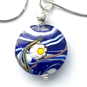 Murano Glass pendant with large blue Murano Glass lentil bead and sterling silver chain.