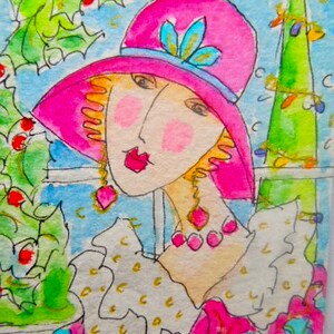 Pintura original de acuarela coleccionable ACEO - Vintage navideño.