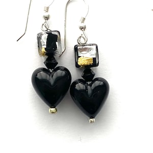 Murano glass earrings with black and silver heart and cube beads Swarovski Crystal and sterling silver.