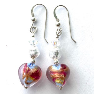 Murano glass earrings with pink and blue Murano heart beads Swarovski crystal and sterling silver.