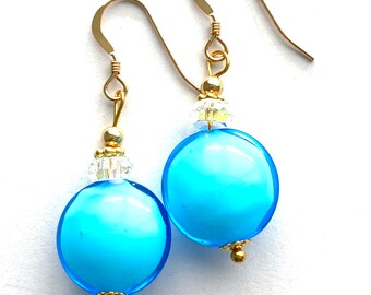 Murano glass earrings with turquoise Murano lentil beads Swarovski crystal and gold filled wires.