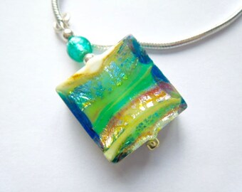 Murano glass pendant with green square Murano spangle bead with sterling silver.