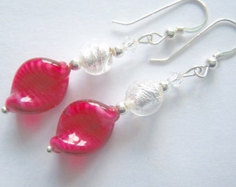 Murano glass earrings with pink and silver twist beads and Swarovski crystal and sterling silver.