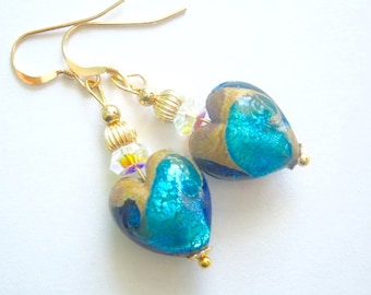 Murano glass earrings with turquoise Murano heart beads with Swarovski crystal and sterling silver.