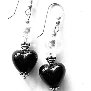 Murano glass earrings with black Murano glass hearts Swarovski Crystal and sterling silver.