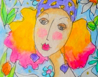 Original little watercolour ACEO collectable painting - Flower lady.