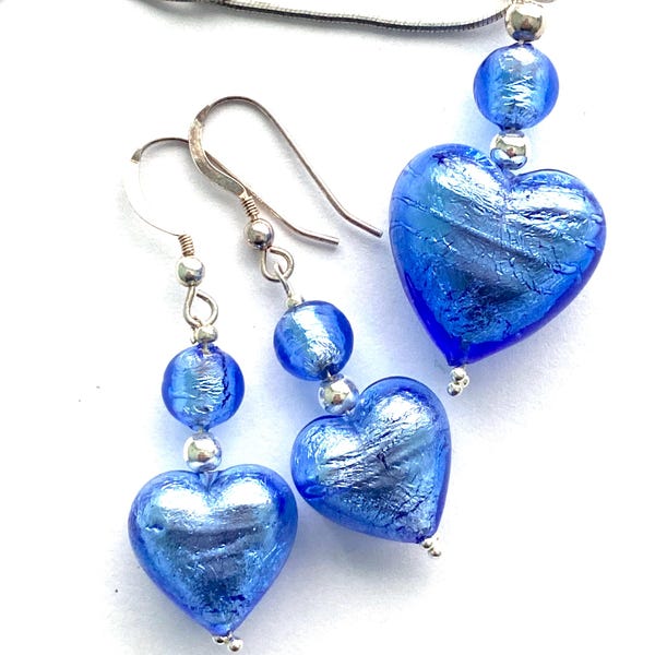 Murano glass pendant and earrings set with Murano glass blue heart beads and sterling silver.