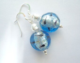 Murano glass earrings with blue and silver Murano glass beads with sterling silver.