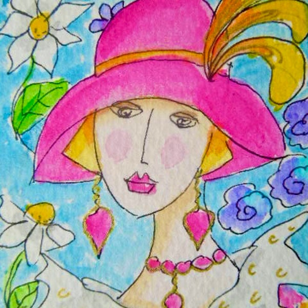 Original watercolour ACEO painting - Pink hat.