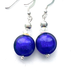 Murano glass earrings with blue Murano lentil beads  Swarovski crystal and sterling silver.