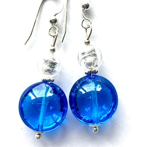 Murano Glass earrings with blue and silver Murano Glass beads and sterling silver wires.
