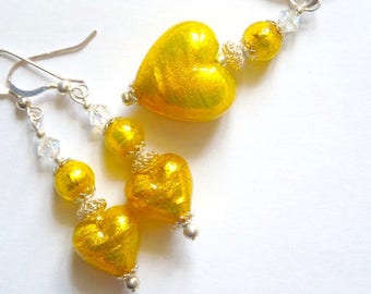 Conjunto de joyas de cristal de Murano con cuentas de corazón de oro de Murano, cristal de Swarovski y plata de ley.