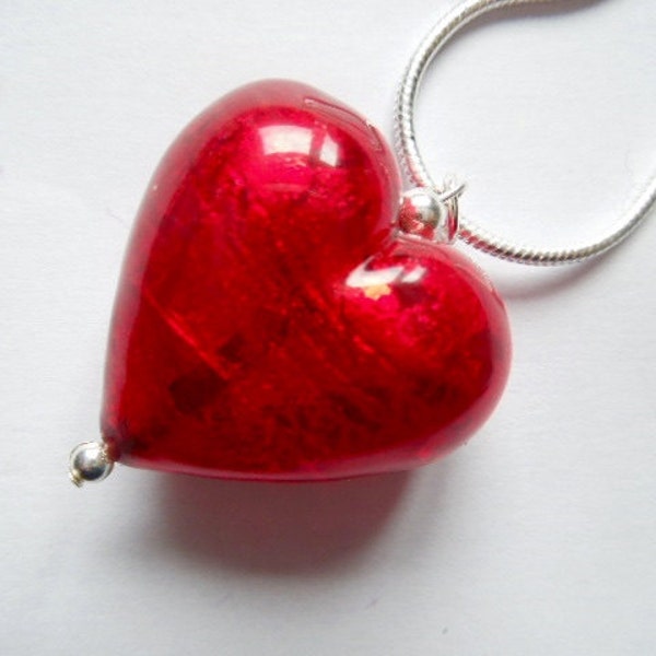 Red Murano glass large heart pendant on sterling silver chain.