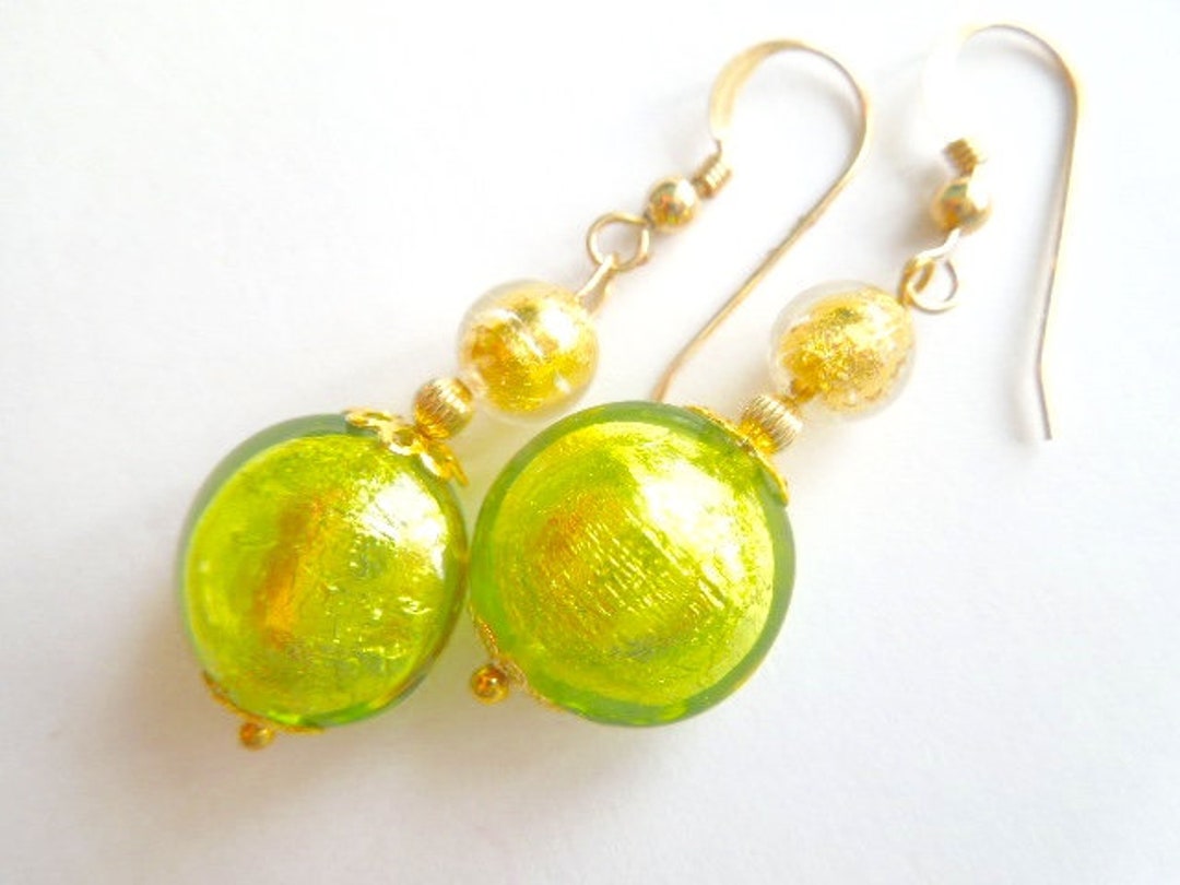 Murano Glass Earrings With Lime Green and Gold Murano Lentil Beads and