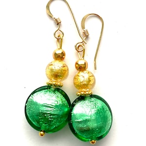 Murano Glass earrings with green Murano Glass beads and gold filled ear wires.