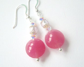 Murano glass earrings with pink and silver Murano glass beads Swarovski crystal and sterling silver.