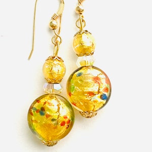 Murano glass earrings with gold Murano beads Swarovski crystal and gold filled wires.