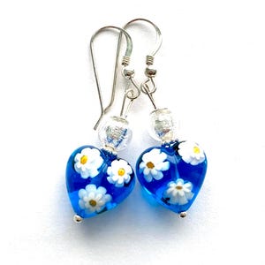Murano glass blue millefiori earrings with sterling silver wires.