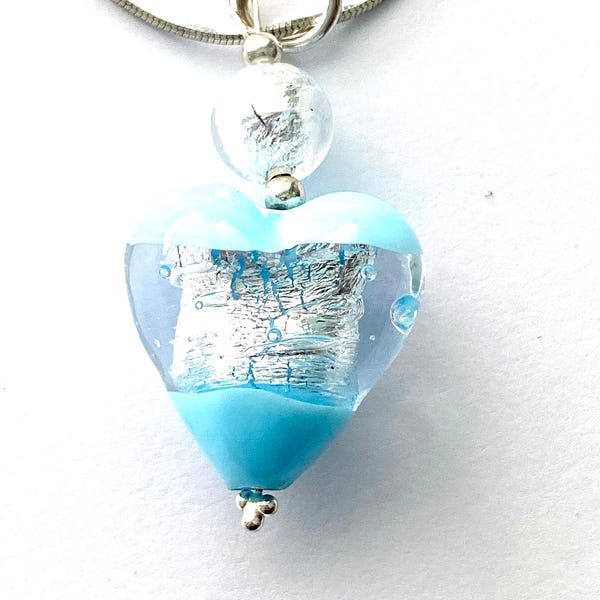 Murano glass blue and silver handmade heart pendant with sterling silver chain.