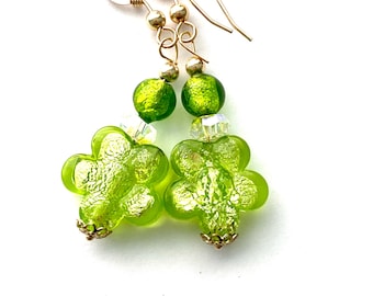 Murano glass earrings with green Murano glass flower beads Swarovksi crystal and gold filled wires.