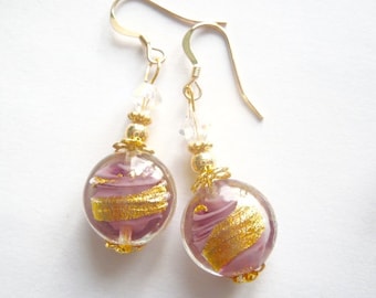 Murano glass earrings with purple and gold Murano glass lentil beads vermeil and gold filled wires