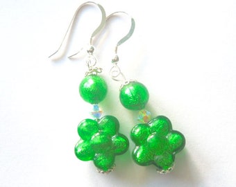 Murano glass earrings with green Murano glass flower beads Swarovski crystal and sterling silver.