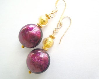 Murano glass earrings with purple amethyst and gold Murano glass beads with vermeil and gold filled wires.