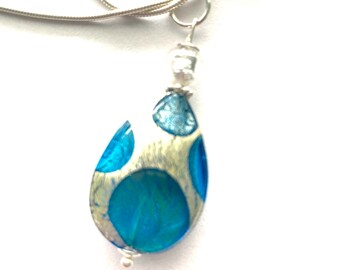 Murano glass pendant with a blue and silver Murano Glass large teardrop and sterling silver chain.