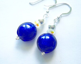 Murano glass earrings with blue Murano lentil beads  Swarovski crystal and sterling silver.