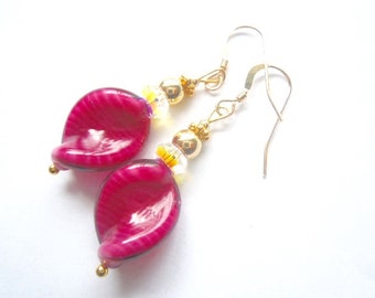 Murano glass earrings with pink Murano glass twist bead Swarovski crystal and gold filled wires.