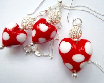 Murano glass pendant and earrings set with red and white polka dot Murano glass heart beads and sterling silver.