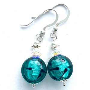 Murano glass earrings with green glass beads Swarovski crystal and sterling silver.