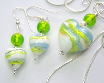 Murano glass pendant and earrings set with green and white Murano hearts and sterling silver.