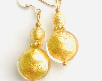 Murano Glass earrings with gold Murano Glass beads and gold filled wires.