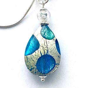 Murano glass pendant with a blue and silver Murano Glass large teardrop and sterling silver chain.